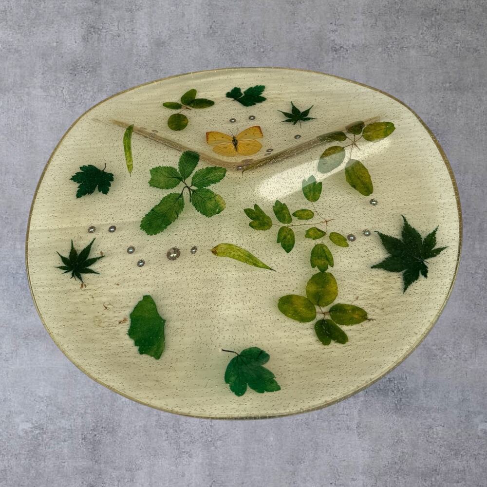 Vintage MCM Lucite Resin Divided Dish Real Butterfly Encased Botanical Tray 14"